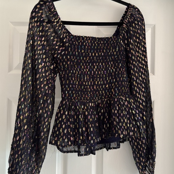 CIEBON Geena Metallic Navy Chiffon Knot Front Long Sleeve Peplum Top XS - Picture 11 of 12